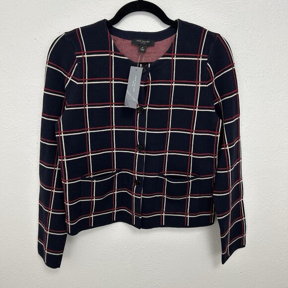 Ann Taylor Sweaters - Ann Taylor Cardigan Sweater Windowpane Check Red Blue Button Down Career Size MP